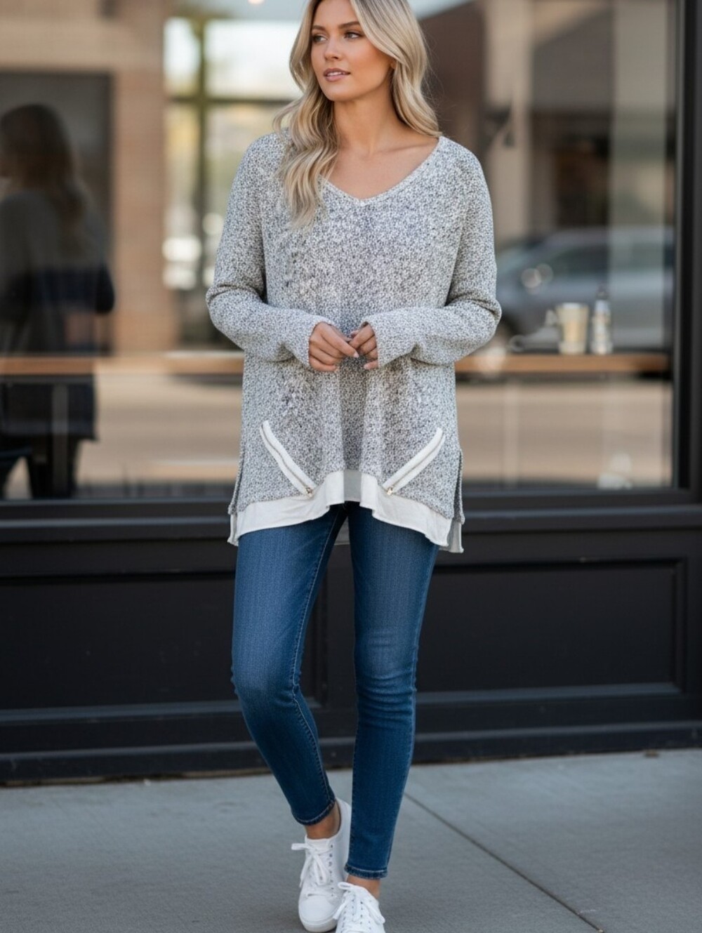 Light Gray Marled Knit V-Neck Sweater with Zip Detail
